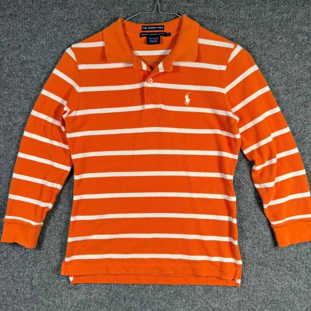 Ralph Lauren Sport Polo Womens Small Orange White Striped Skinny Long Sleeve